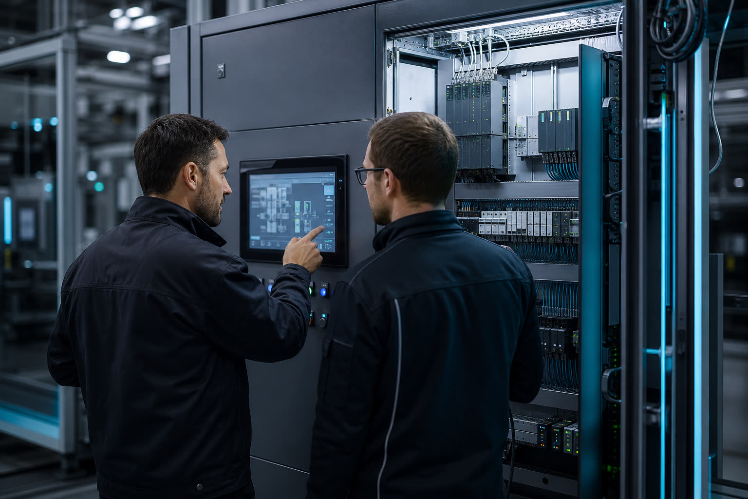 Priemyselná automatizácia — technici pri rozvádzači